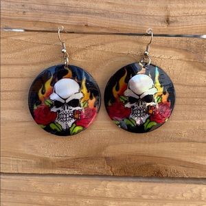 🌺Skull Roses Flame MOP dangle Earrings Ed Hardy